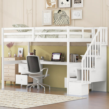 Twin Size Loft Bed Frame With Built In Desk And Double Storage Drawers,White Twin White Solid Wood Mdf