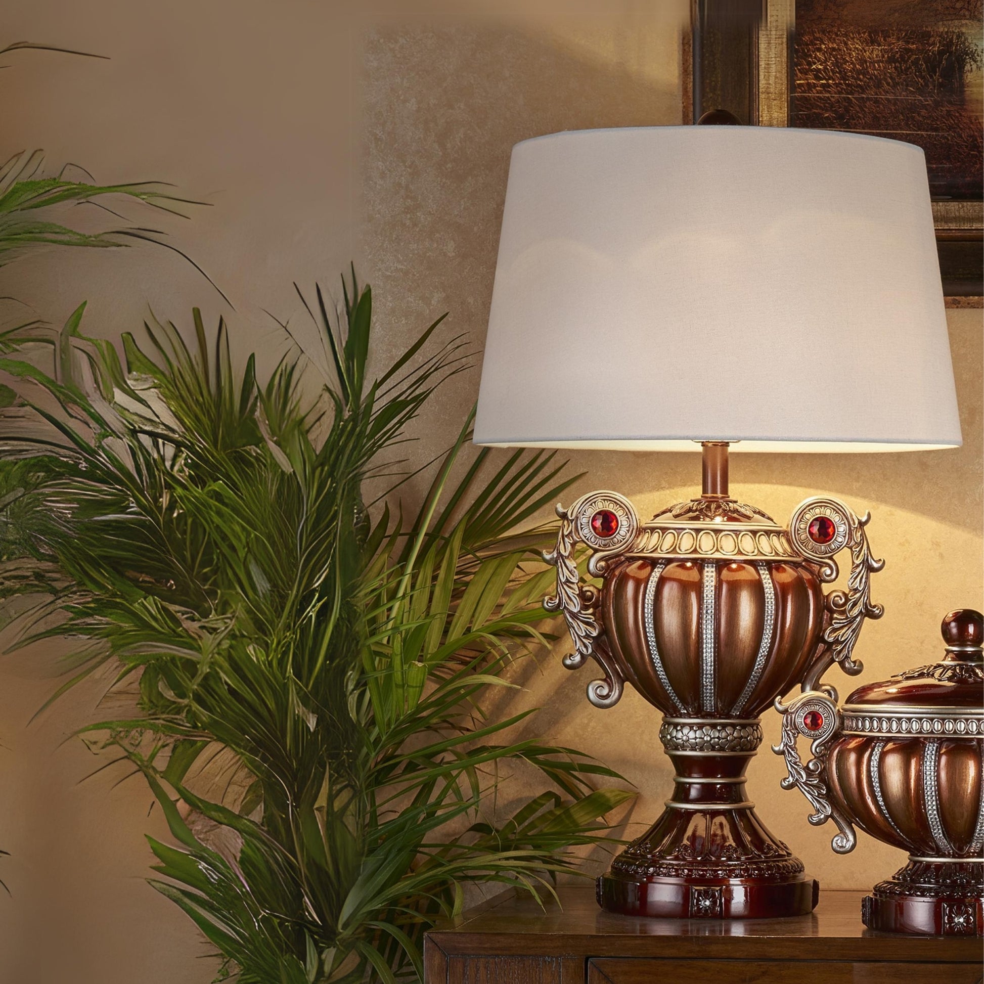 29.5" Tall" Delicata" Urn Shaped Table Lamp, Bronze With Silver Accents Multicolor Polyresin