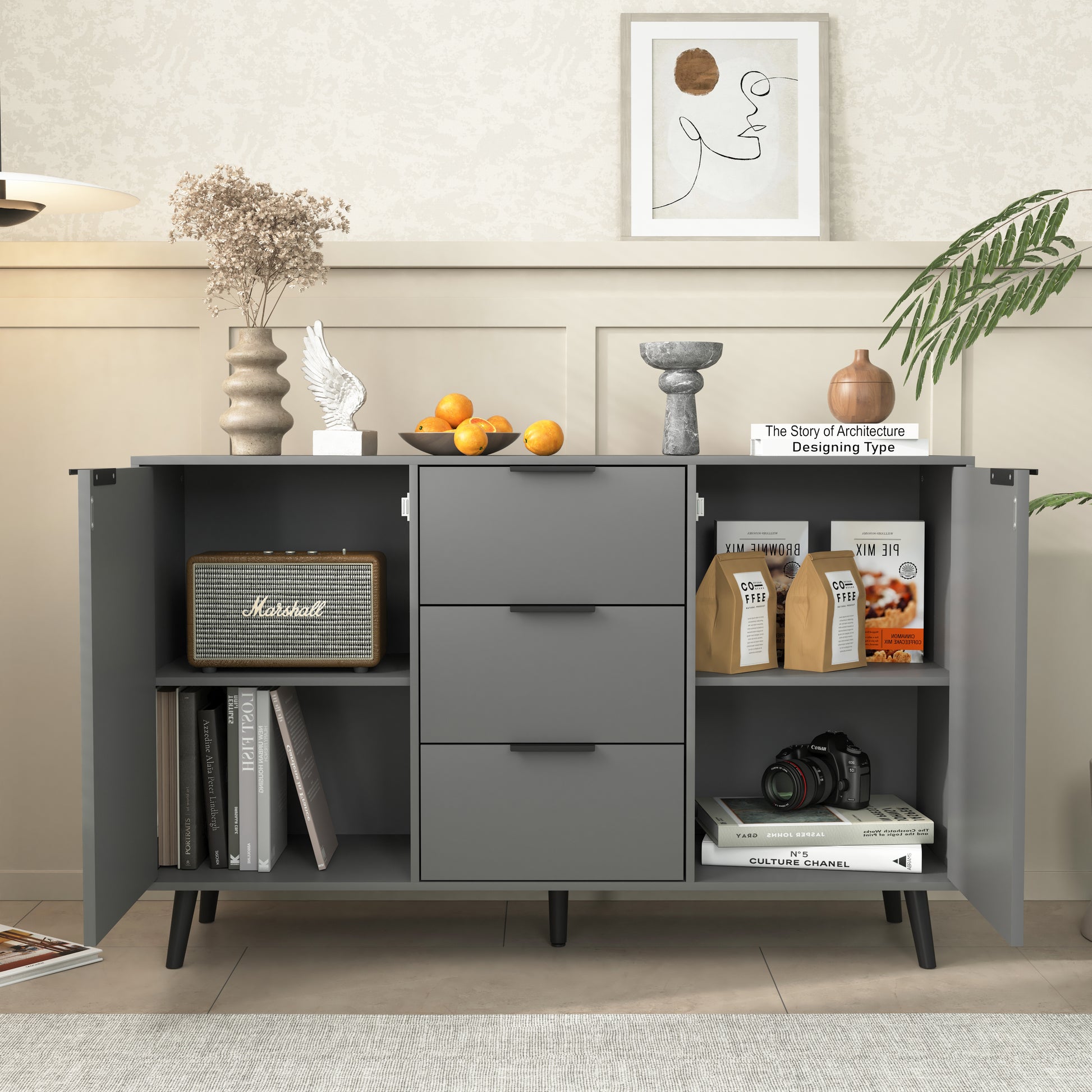 Sideboard Buffet Cabinet With Storage, Wood Coffee Bar Cabinet, 47.2" Kitchen Cabinet With 3 Drawers & 2 Doors, Kitchen Buffet Cabinet Cupboard Gray 5 Or More Spaces Gray Particle Board