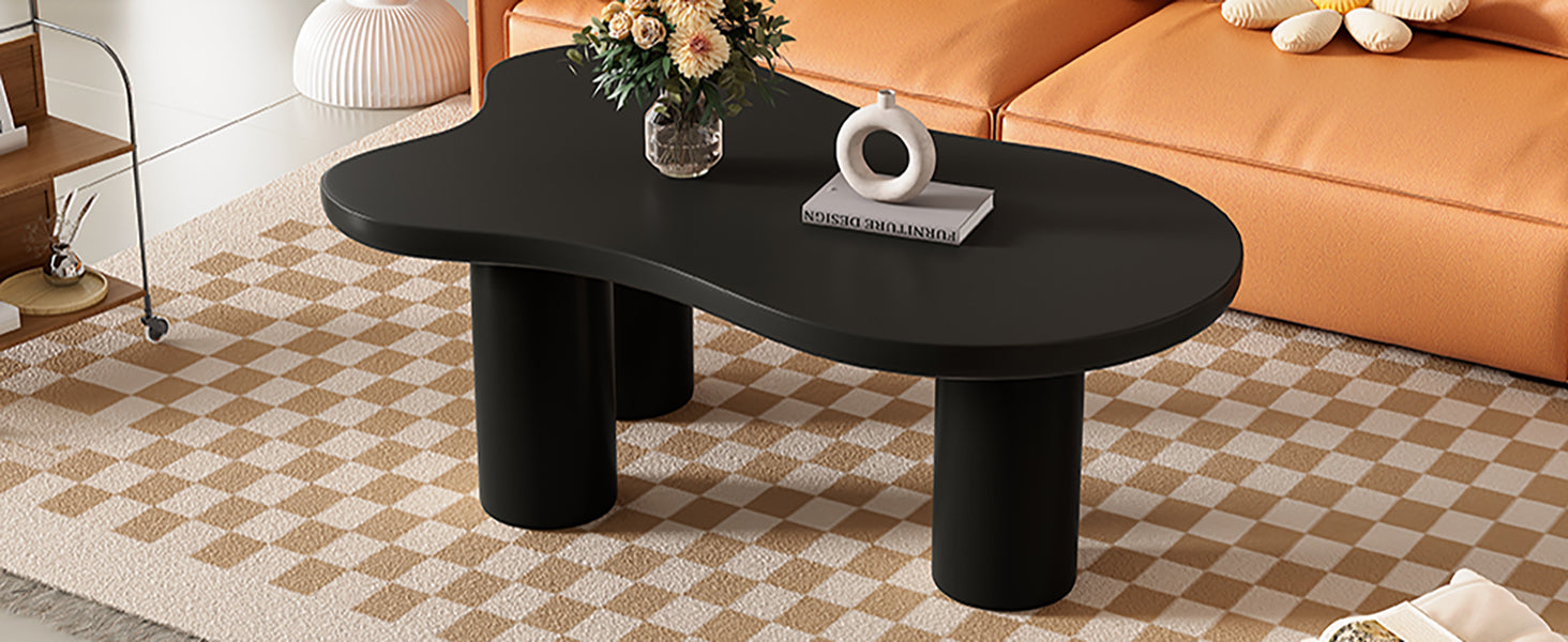 44'' X 25.9'' Easy Assembly Cloud Coffee Table With 1.5'' Thick Tabletop, Cream Style Irregular End Table With 3 Sturdy Legs, Sleek Center Table With Round Edge For Living Room, Black Black Mdf