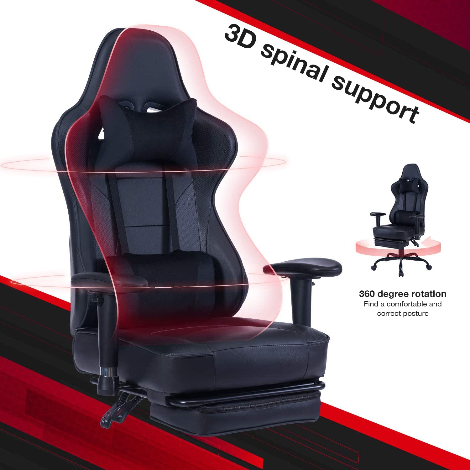 Game Chair, Ergonomiy Designed Computer Chair With Headrest And 2D Armrests, Waist Pillow Electronic Lounge Chair With Vibration Massage Function, Competitive Chair Iron Black Cotton Leather