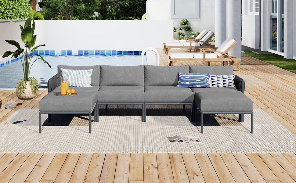 6 Pieces Aluminum Patio Furniture Set, Modern Metal Outdoor Conversation Set Sectional Sofa With Removable Olefin Extra Thick Cushions 5.9" Cushion, Grey Yes Complete Patio Set Gray Seats 6 Weather Resistant Frame Garden & Outdoor