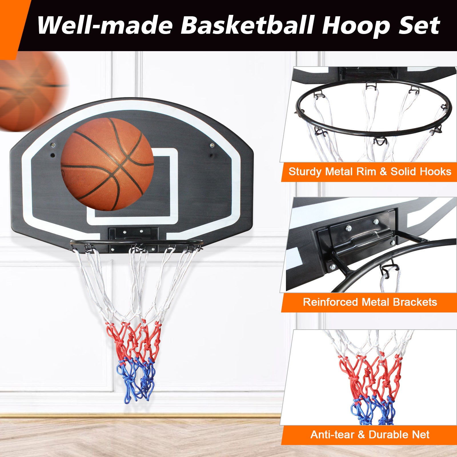 Wall Mounted Basketball Hoop, 28.5 X 18 Inches Shatterproof Back, Folding Hoop, Durable Hoop And All Weather Mesh For Indoor And Outdoor Use Black Blue Iron