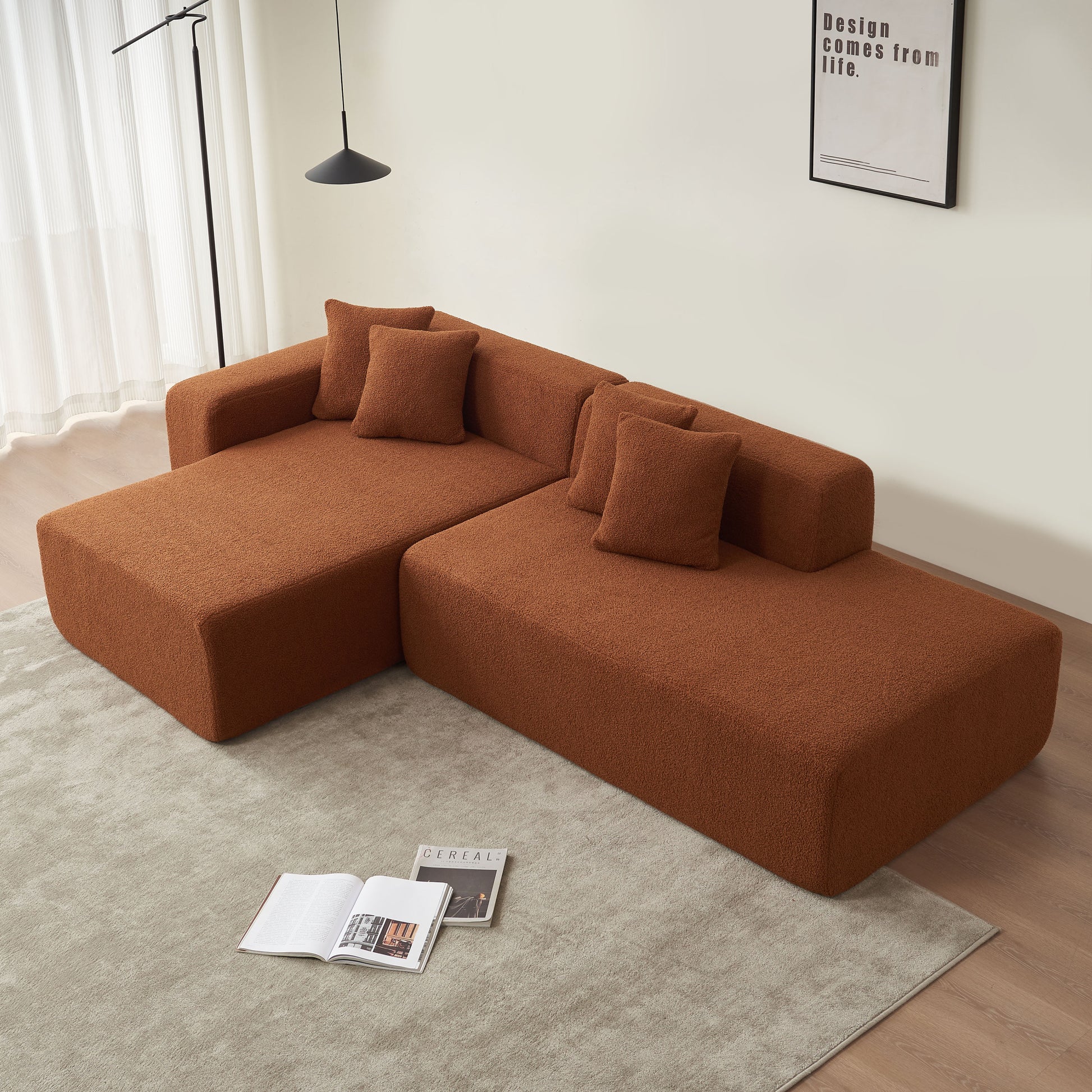 Modular Sectional Couch, Lambswool Fabric Modern L Shape Sectional Sofa With Chaise Lounge, Living Room Upholstered 5 Seater Corner Sofa Couch For Bedrooms, Apartment Orange Foam Sherpa 5 Seat