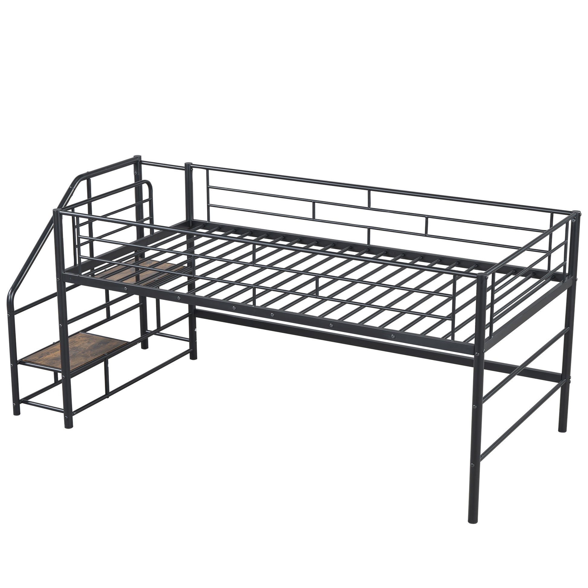 Mid Loft Bed With Storage Stairs, Twin, Black Twin Black Mdf Metal