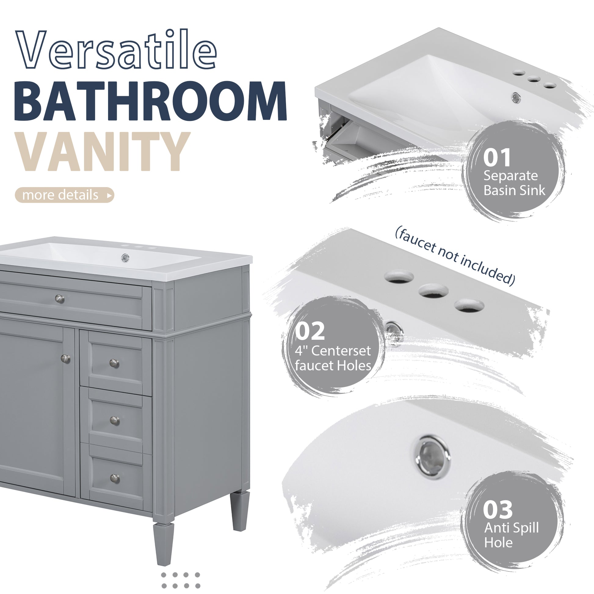 30'' Bathroom Vanity With Top Sink, Modern Bathroom Storage Cabinet With 2 Drawers And A Tip Out Drawer, Freestanding Vanity Set With Mirror Cabinet, Single Sink Bathroom Vanity 3 Grey Bathroom Solid Wood Mdf Resin Painted