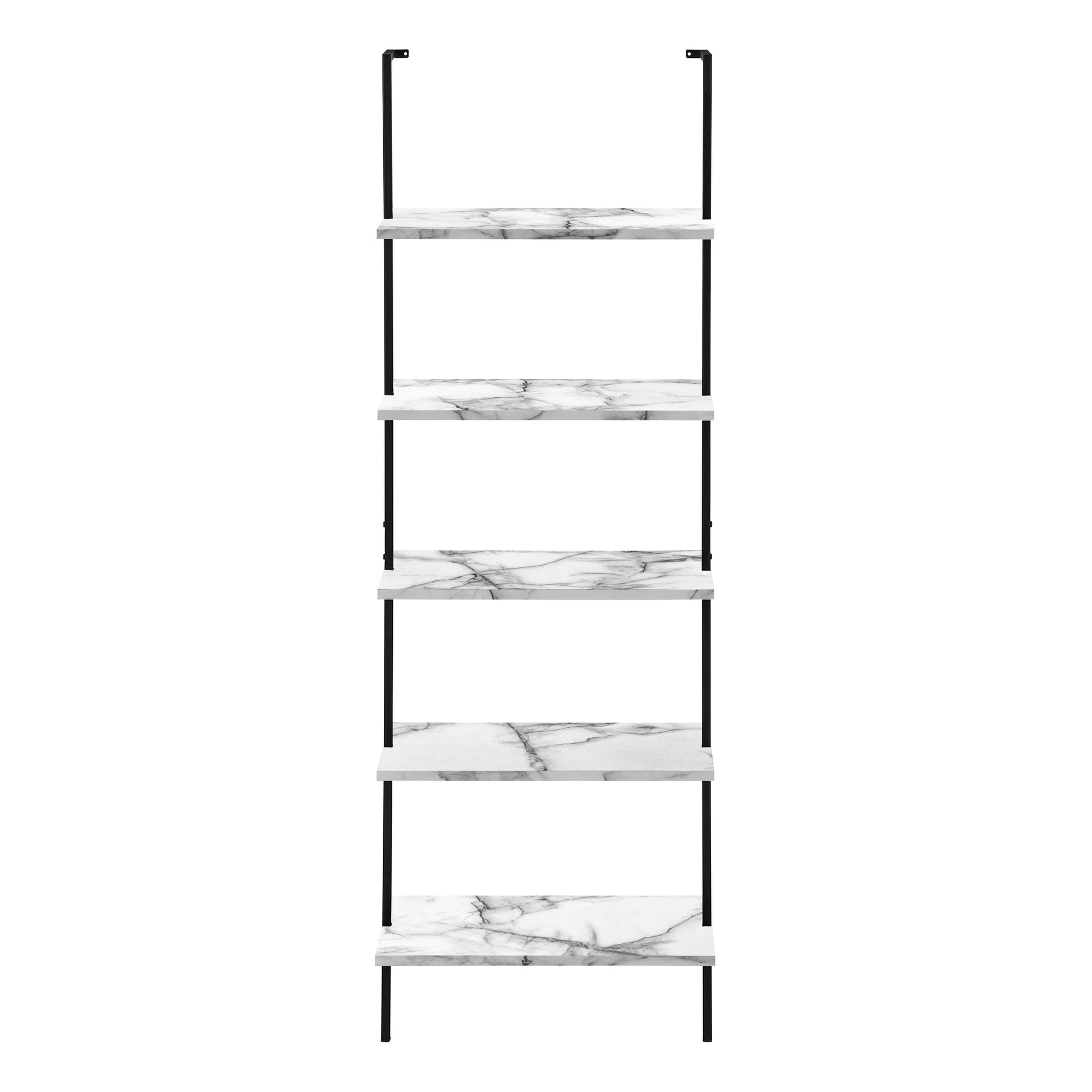 Bookshelf, Bookcase, Etagere, Ladder, 5 Tier, 72"H, Office, Bedroom, White Marble Look Laminate, Black Metal, Contemporary, Modern White Metal