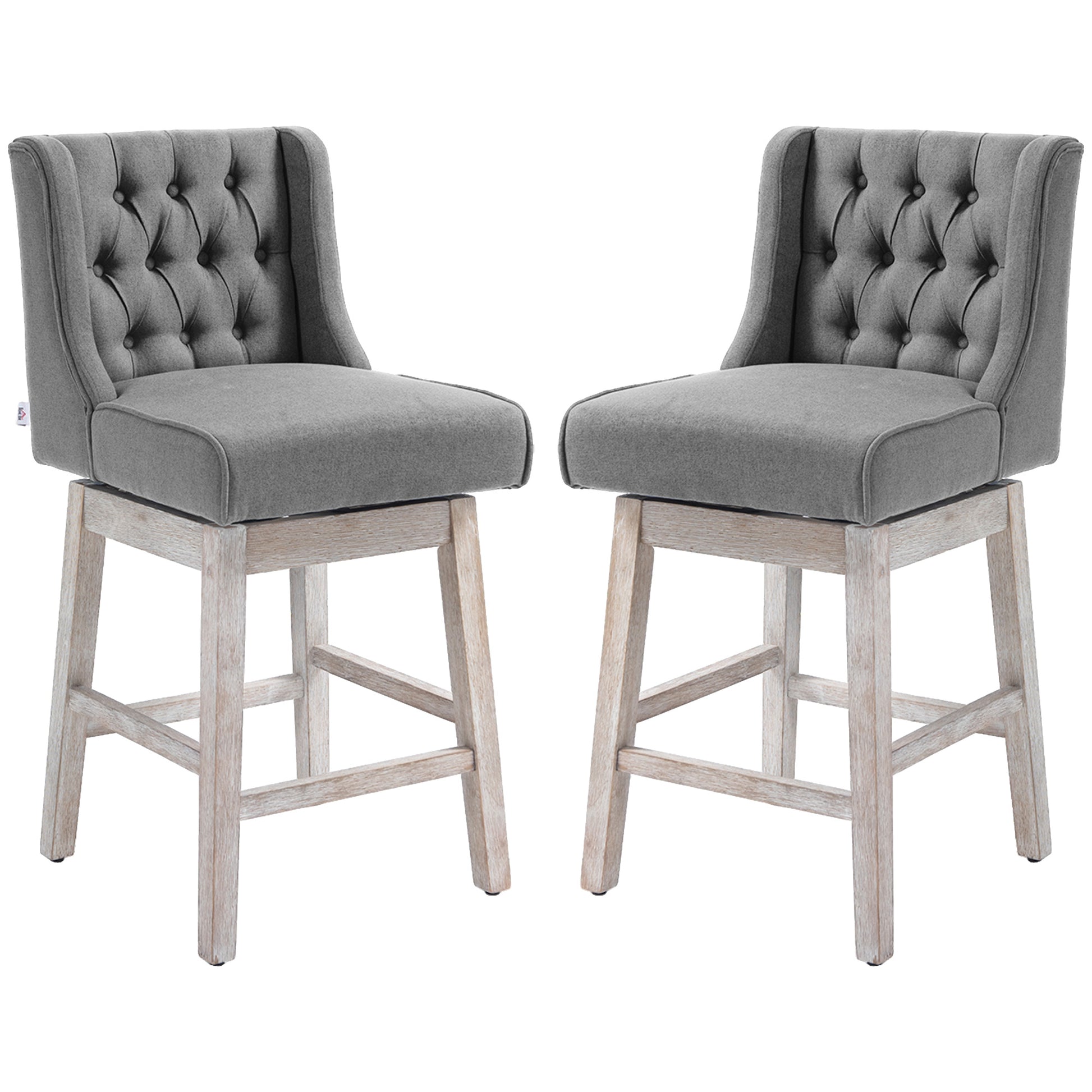 Homcom Counter Height Bar Stools Set Of 2, 180 Degree Swivel Barstools, 27" Seat Height Bar Chairs With Solid Wood Footrests And Button Tufted Design, Gray Gray Rubber Wood