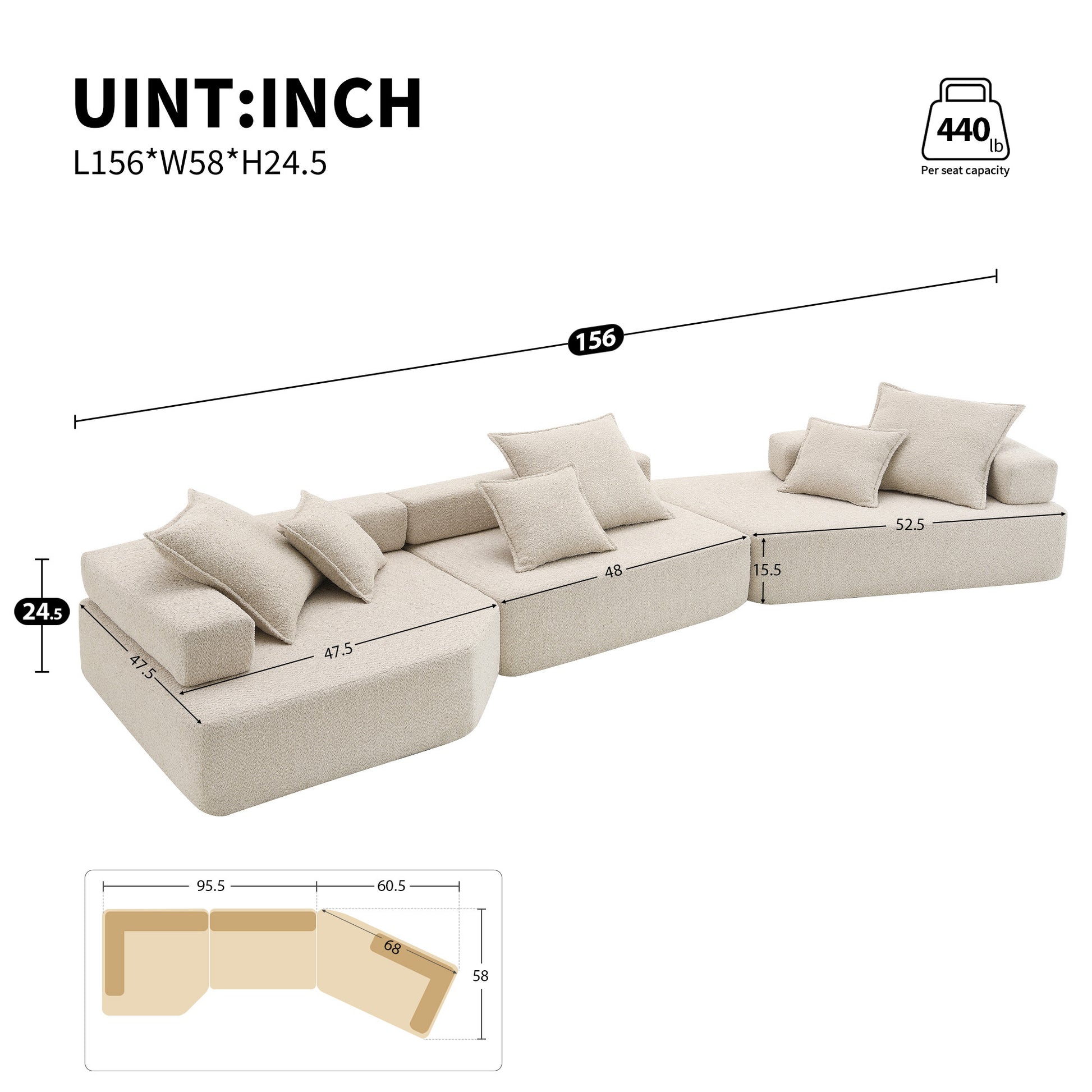 Oversized Modular Sectional Sofa,Luxury Boucle Floor Couch Set,Convertible Sleeper Couch,Spacious Foam Filled Sofa Bed For Living Room,3 Pc Free Combination,2 Colors Beige Boucle 5 Seat