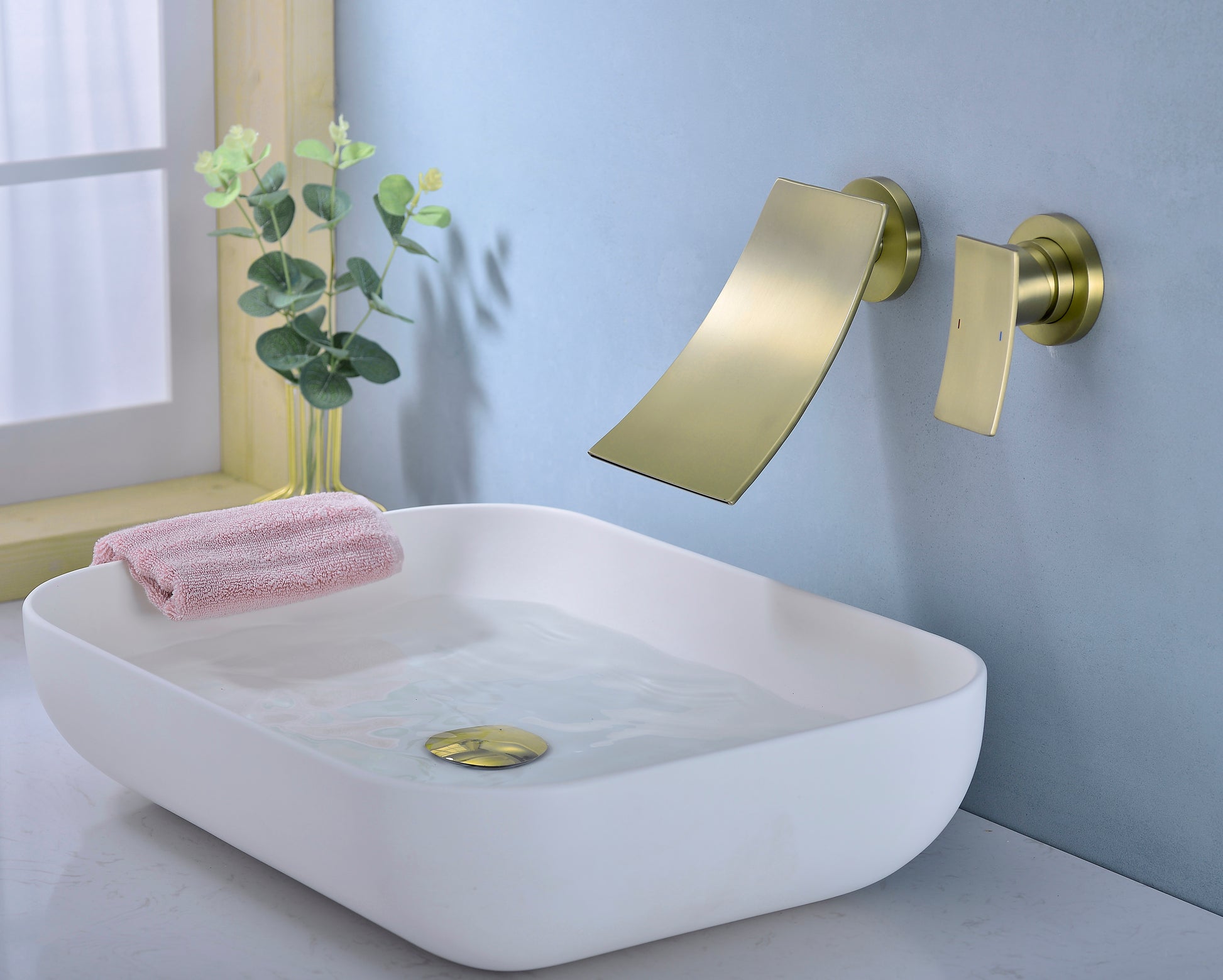 Wall Mount Widespread Bathroom Faucet Gold Bathroom Brass