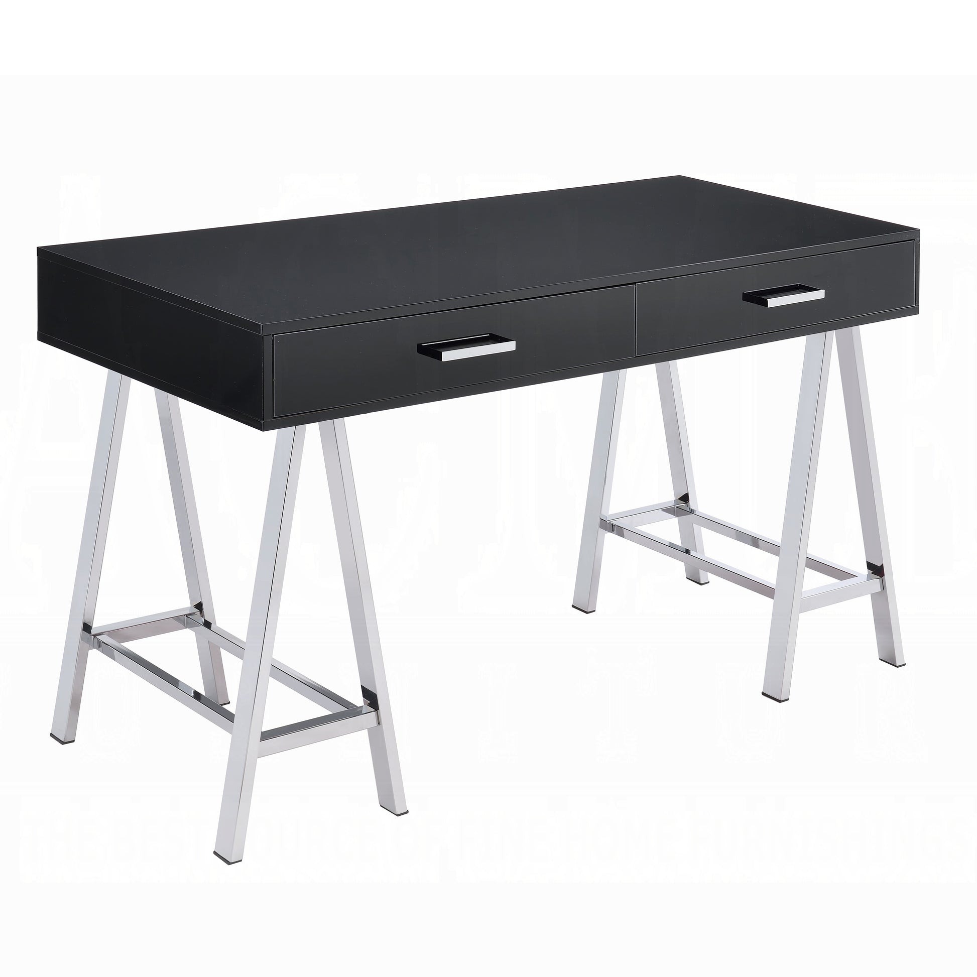 Black High Gloss And Chrome 2 Drawer Writing Desk Black Silver Writting Desk Office Modern Rectangular Drawers Rectangular Wood Metal