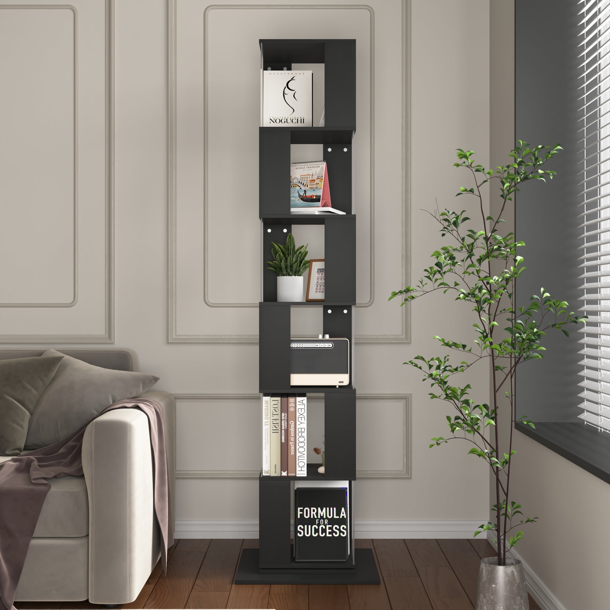 6 Tier Rotating Bookshelf, Floor Rack Simple Bookcase With Acrylic Plate Student Multi Function Creative Bookshelf For Living Room With Anti Toppling Base Black Particle Board