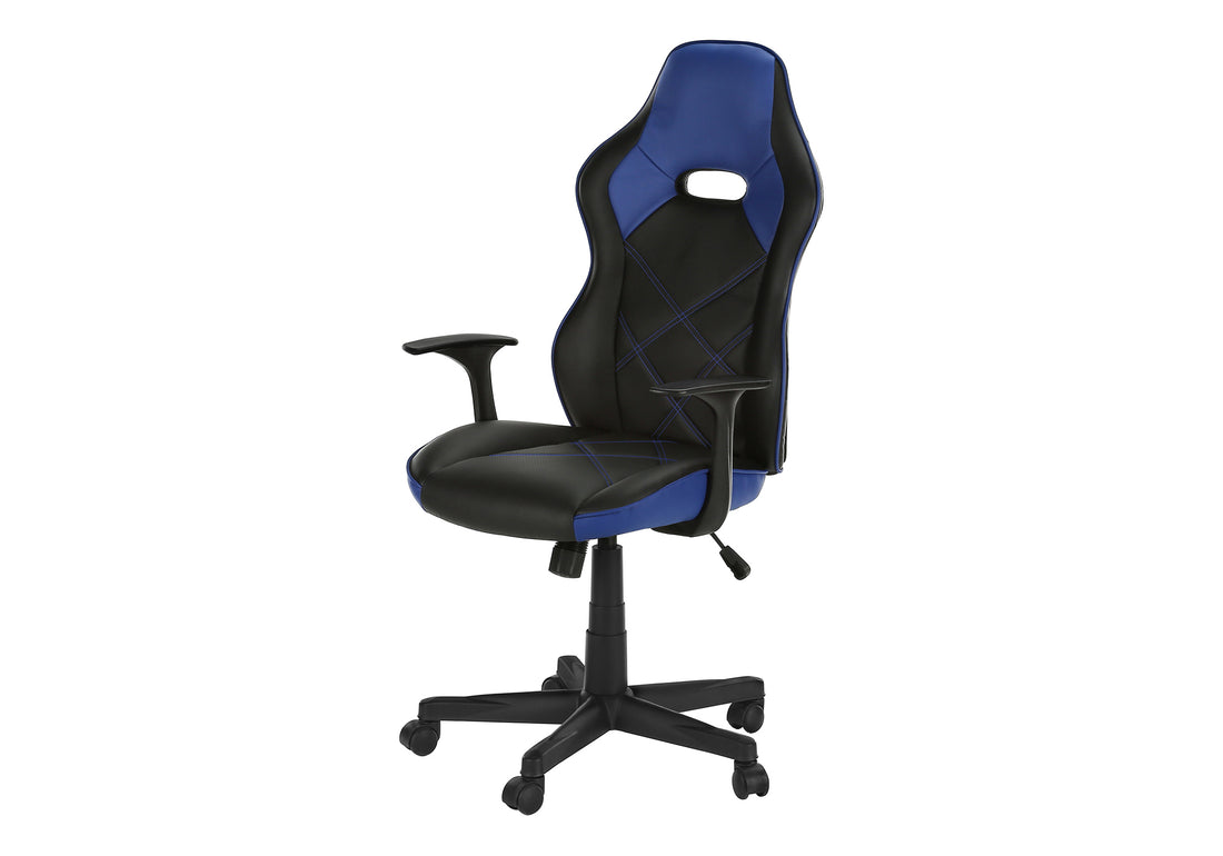 Office Chair, Gaming, Adjustable Height, Swivel, Ergonomic, Armrests, Computer Desk, Work, Black And Blue Leather Look, Black Metal, Contemporary, Modern Black Foam Polyurethane