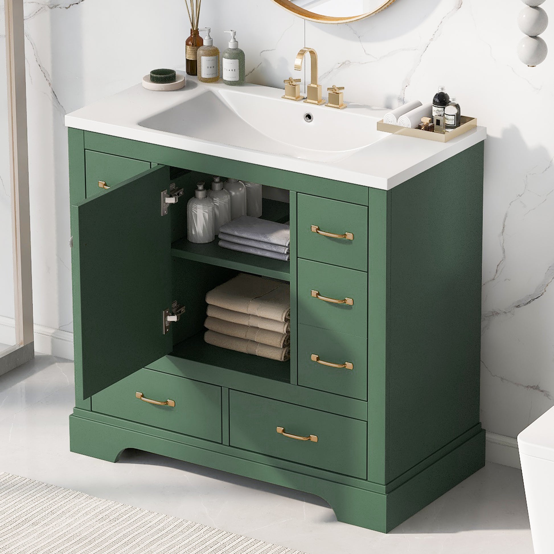 36" Bathroom Vanity With Sink Combo, Six Drawers, Multi Functional Drawer Divider, Adjustable Shelf, Green Green Solid Wood Mdf