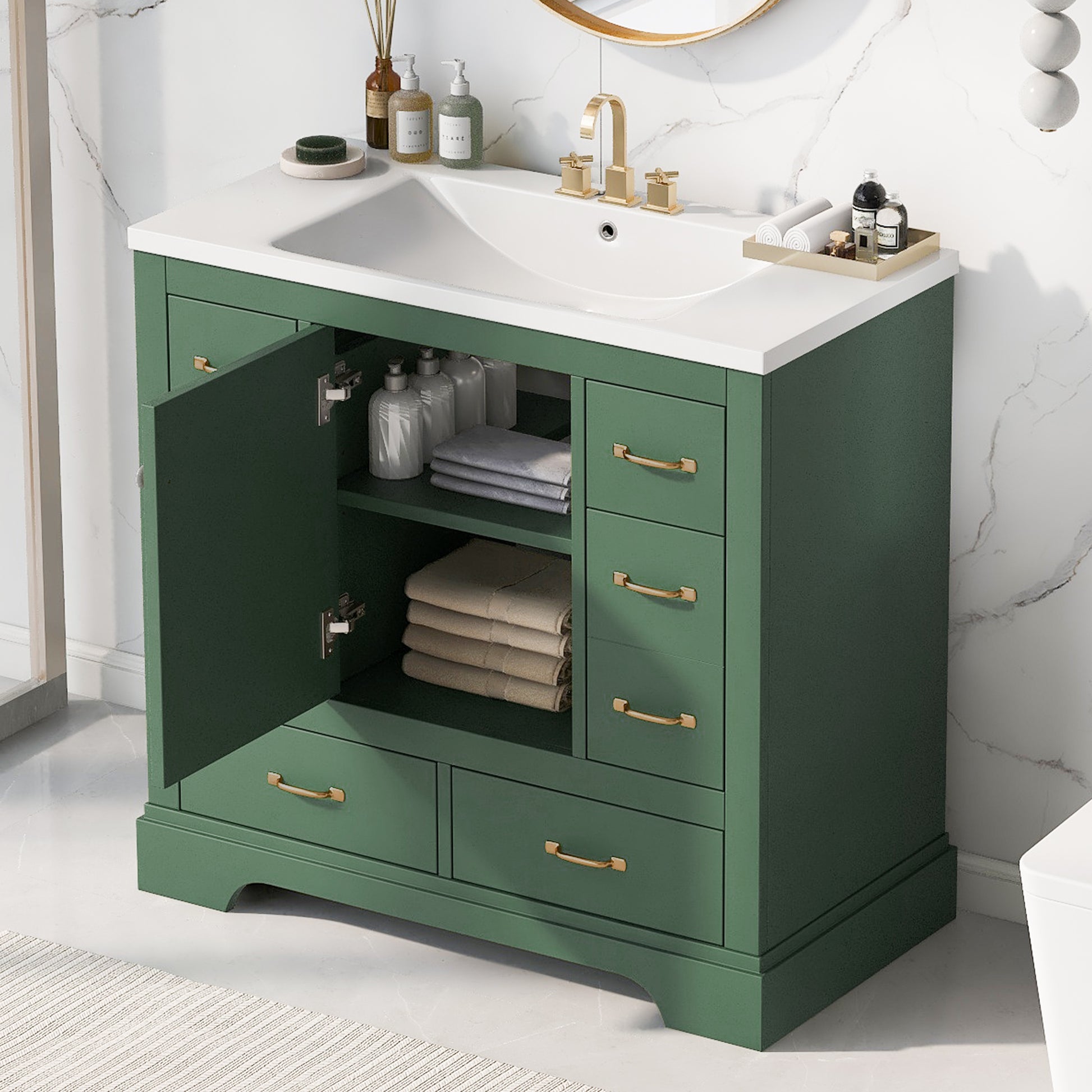 36" Bathroom Vanity With Sink Combo, Six Drawers, Multi Functional Drawer Divider, Adjustable Shelf, Green Old Sku:Sy999808Aaf Green Solid Wood Mdf