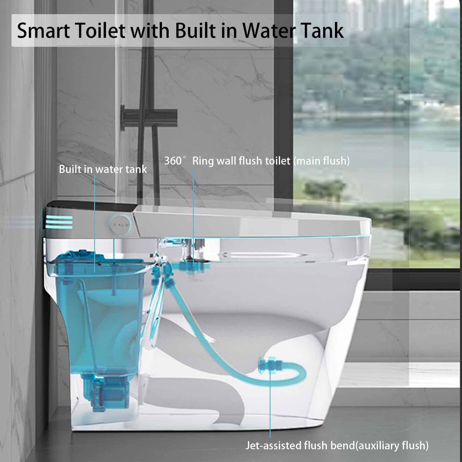 St Zgp 01 Smart Toilet With Heated Bidet Seat, One Piece Toilet With Auto Open&Close, Feet Sensor Operation, Auto Dual Flush, Dryer And Warm Water, Built In Water Tank Without Pressure Limited, White White Bathroom Ceramic