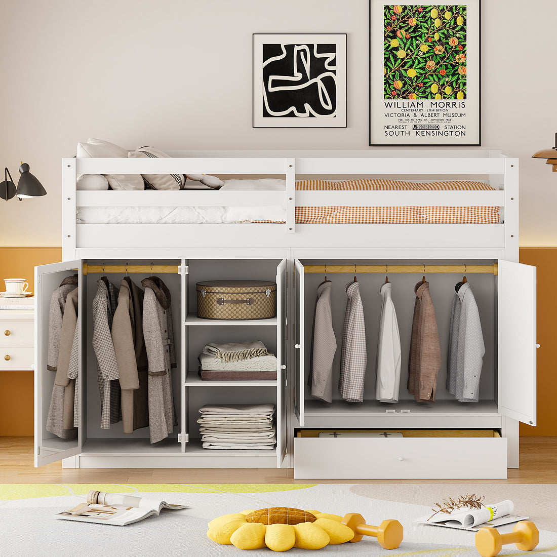 Twin Size Loft Bed With Drawer, Two Wardrobes And Mirror, White White Solid Wood Mdf