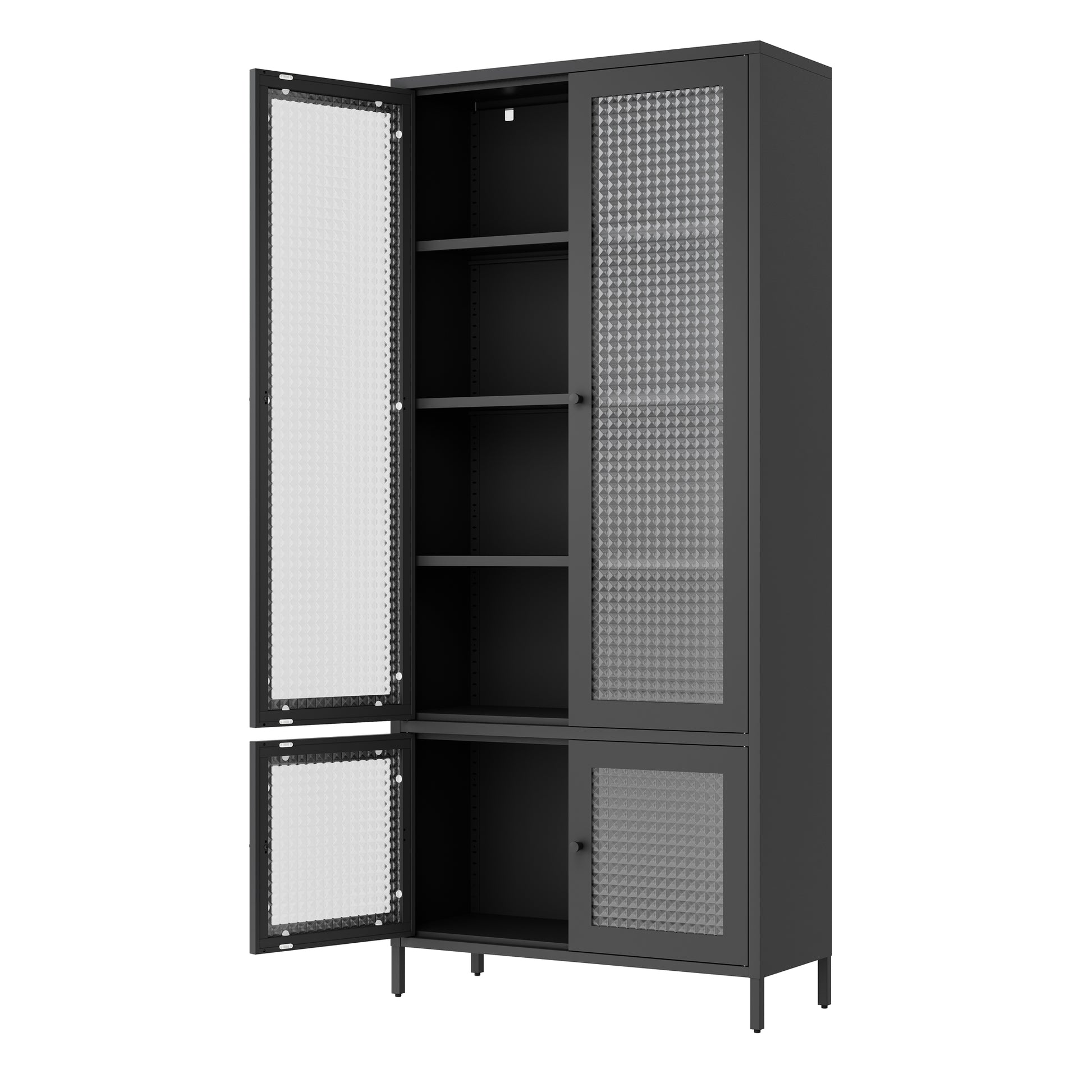 Large Metal Storage Cabinet Display Cabinet With 4 Glass Doors 5 Shelves Side Cabinet Bookcase Freestanding Cabinet For Bedroom Living Room Pantry Home Office Black, Waffle Grids Tempered Glass Freestanding 5 Or More Spaces Black Office Glass Doors