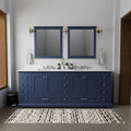 Navy Blue Double Bath Vanity 84 In. W X 22 In. D, With Carrara Marble Top Navy Blue Plywood Wood