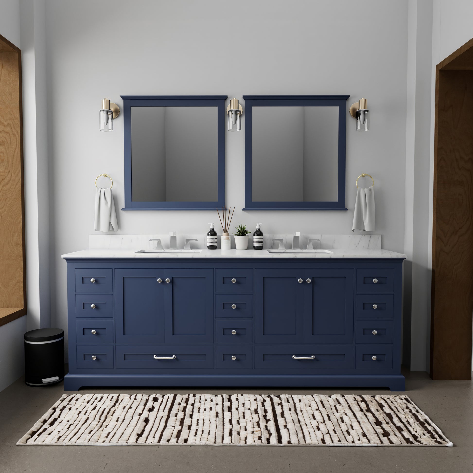 Navy Blue Double Bath Vanity 84 In. W X 22 In. D, With Carrara Marble Top Navy Blue Plywood Wood