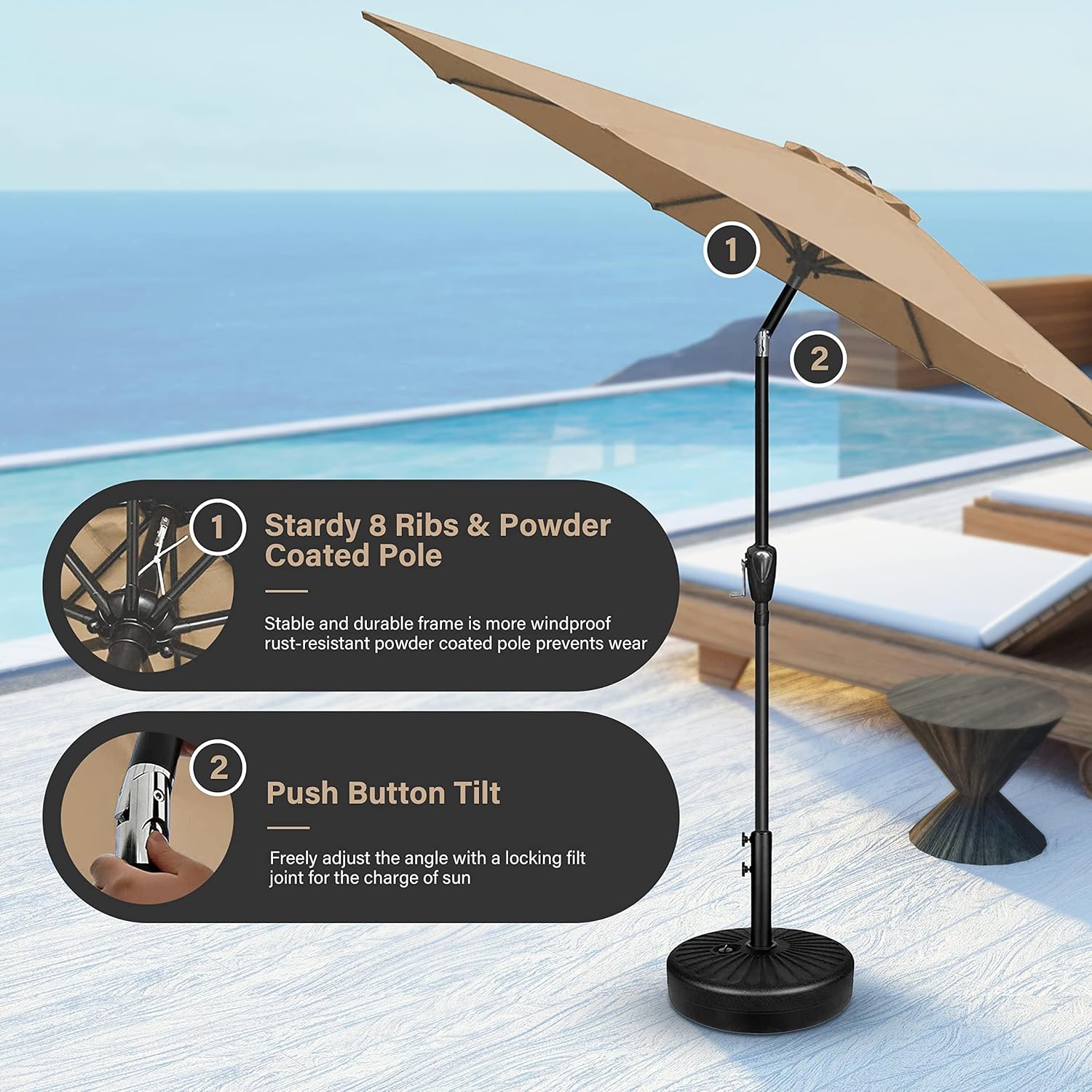 9Ft Outdoor Patio Umbrella Table Market Umbrella With Push Button Tilt And Crank, 8 Sturdy Ribs, Uv Protection Waterproof For Garden, Lawn, Deck, Backyard, Pool,Tan Tan Polyester