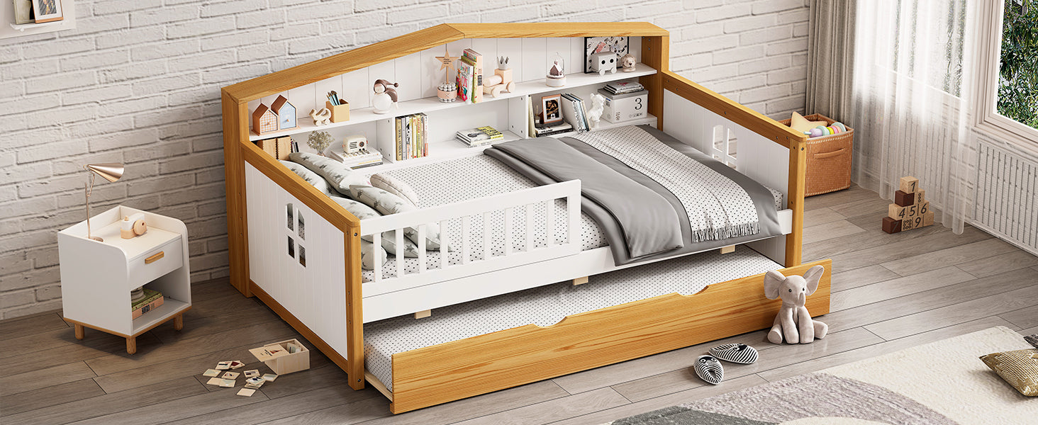 Twin Size House Shape Daybed With Trundle And Bookcase Headboard Wooden Bed For Girls Boys Teens, No Box Spring Needed, Walnut And White Box Spring Not Required Twin White Walnut Wood Bedroom Cute Pine Bed Frame Wood