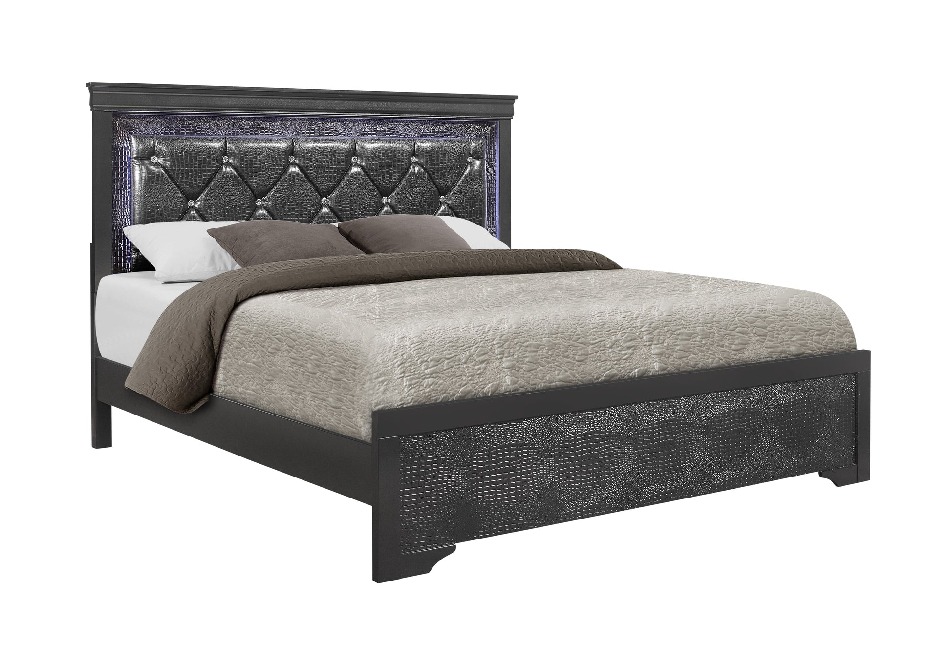 Shaker Crocodile Metallic Grey Full Bed With Led Metallic Grey Solid Wood Mdf