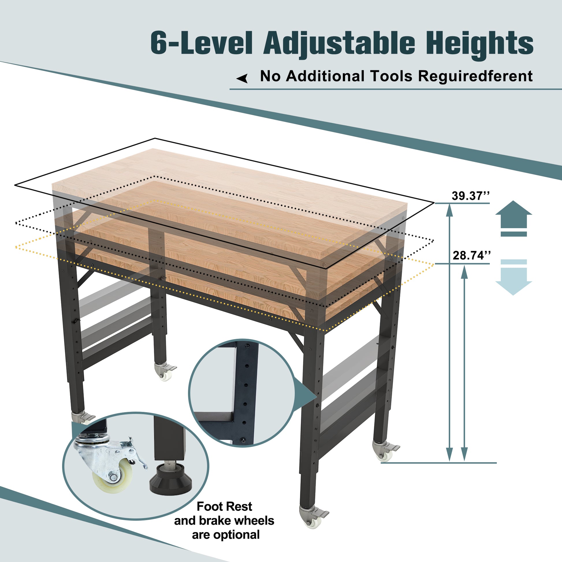 48" Heavy Duty Adjustable Workbench For Garage, Rubber Wood Shop Table W Metal Wheels, Hardwood Workstation Weight Capacity Over 2000 Lbs With Wheels Black Metal & Wood