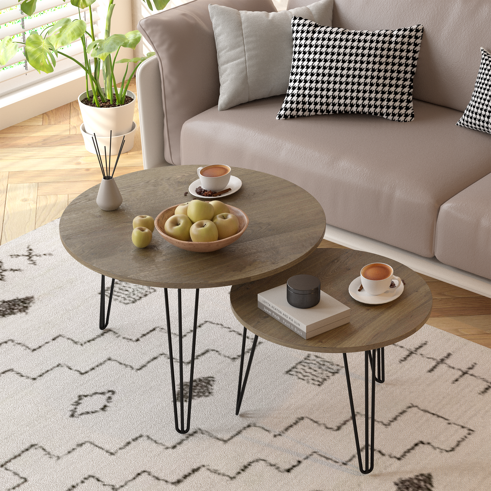 27.56'' Round Nesting Coffee Table Set Of 2, Circular Nesting End Table Set, Round Wooden Tabletop, And Sturdy Metal Base For Living Room, Bedroom, Brown Rustic Brown Round Wood Metal