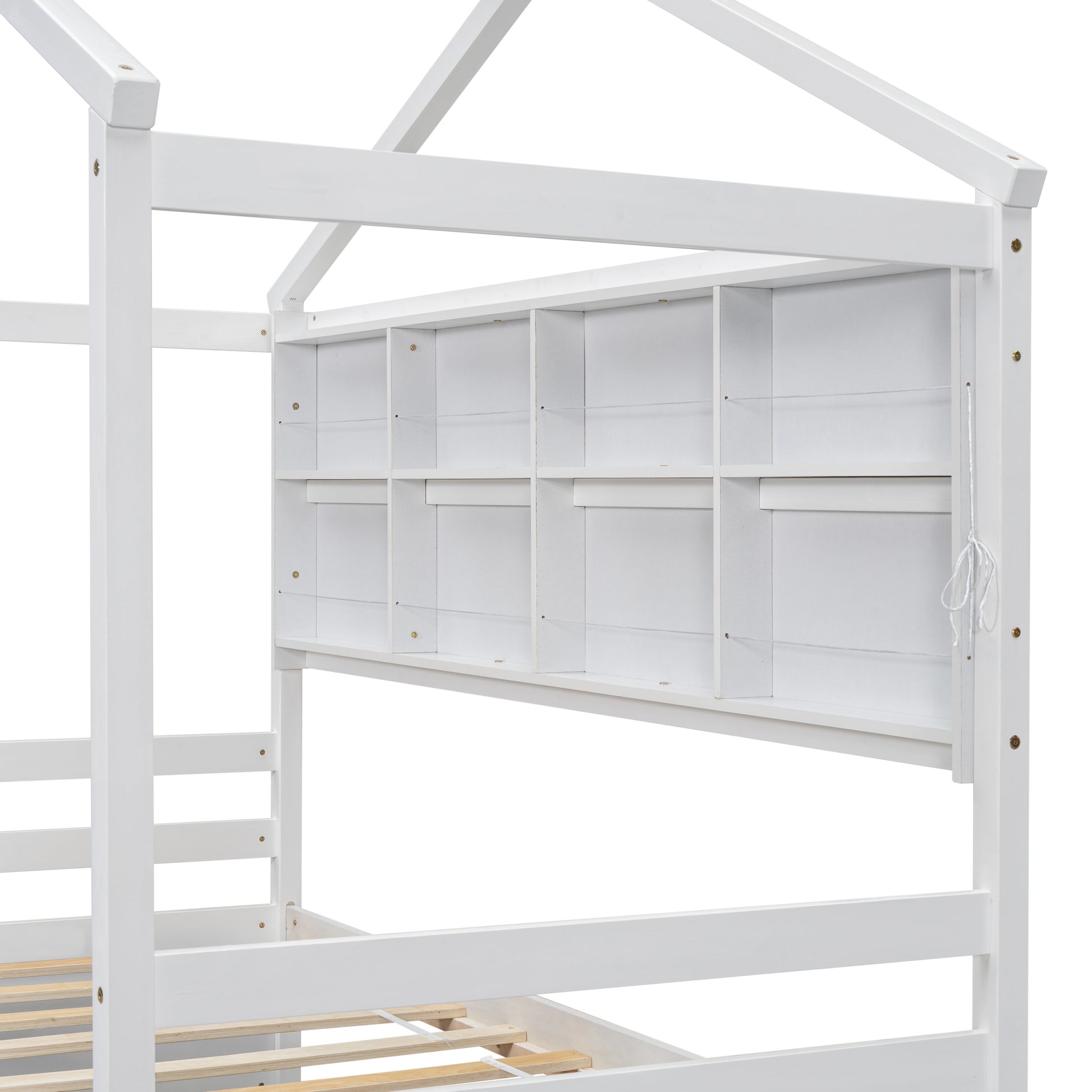 Twin House Bed With Roof Frame, Bedside Shelves, Under Bed Storage Unit,White Twin White American Design Pine