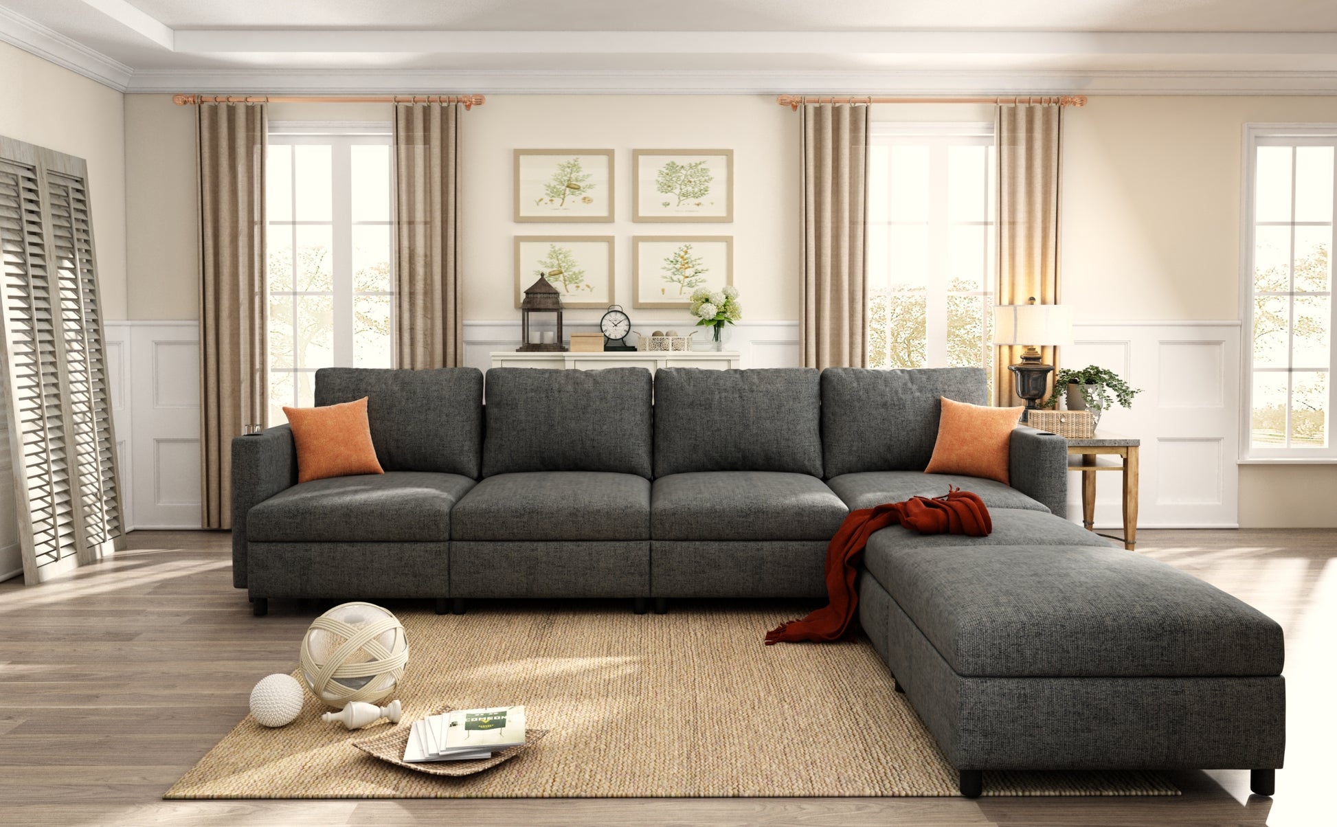 Modern Large Sectional Sofa, U Shape Modular Sectional Couch With Storage Function,123" Sofa Bed With Ottoman,6 Seat Sectionals Chaise For Living Room,Chenille Grey Fabric 6 Seat