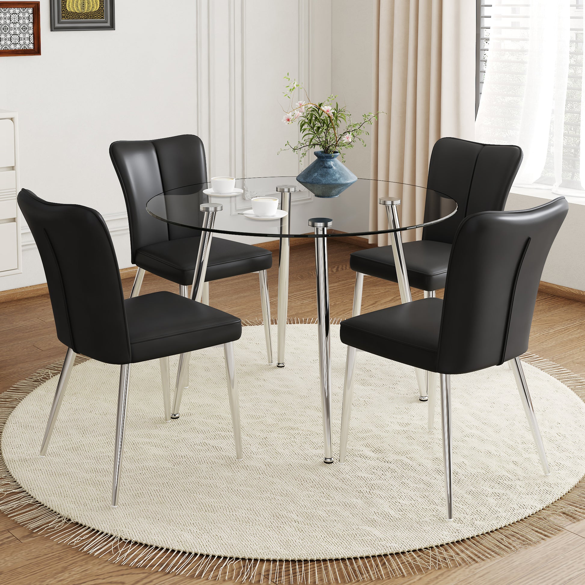 Table And Chair Set.A Modern Minimalist Round Dining Table With Transparent Tempered Glass Top And Silver Metal Legs,Paried With 4 Chairs With Pu Backrest And Seat Cushion And Silver Metal Legs. Black,Transparent Seats 4 Glass Metal