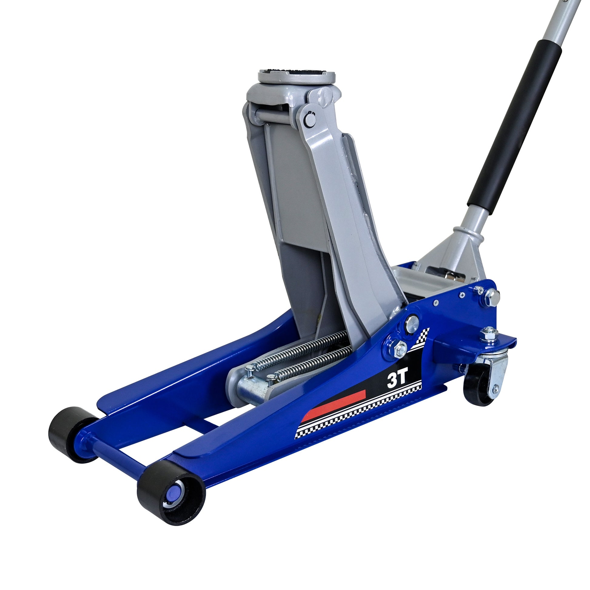 Low Position Steel Vehicle Floor Mounted Hydraulic Jack With Dual Piston Quick Lift Pump, 3 Ton 6600 Lb. Capacity. Blue Steel