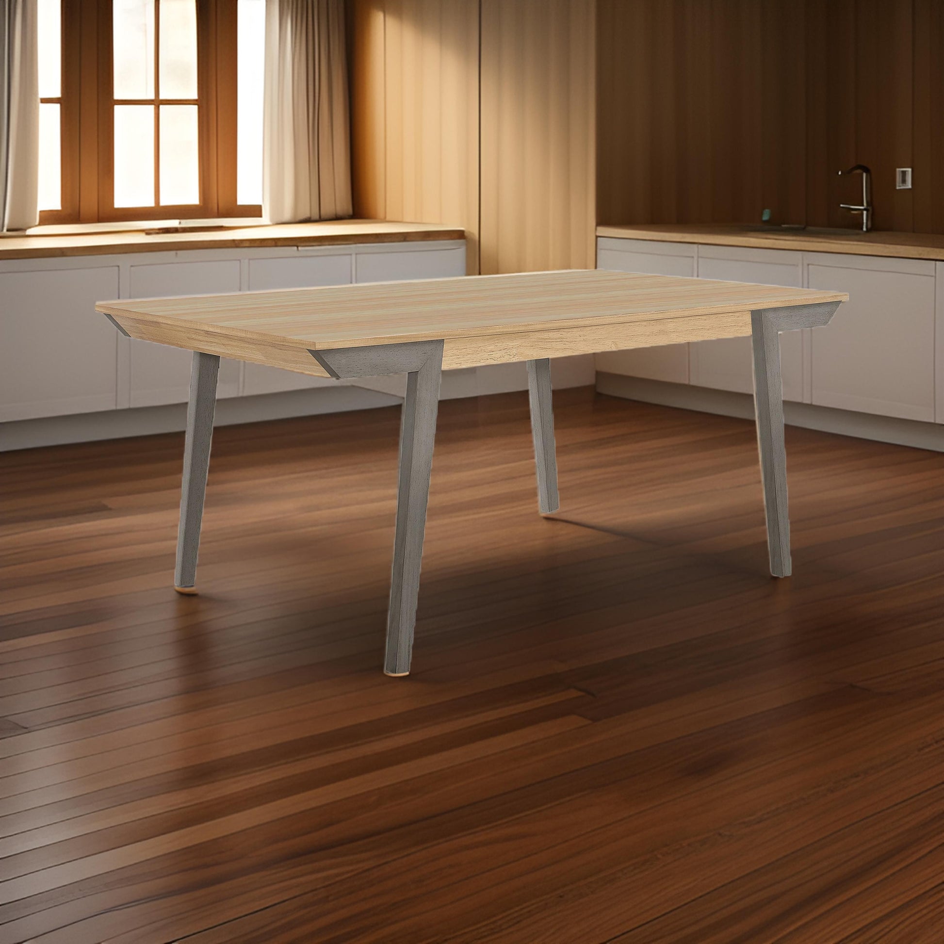 71 Inch Dining Table, Natural Brown Top, Farmhouse Style, Gray Flared Legs Brown Wood