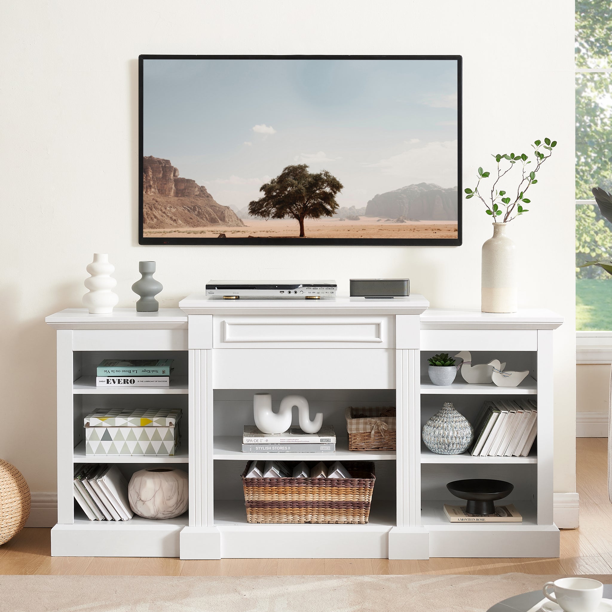 Media Console Table With Large Storage Cabinet, Modern Tv Media Entertaionment Stand, White, 65.75"W*17"D*32.48"H White 39 Inches Or Less Mdf