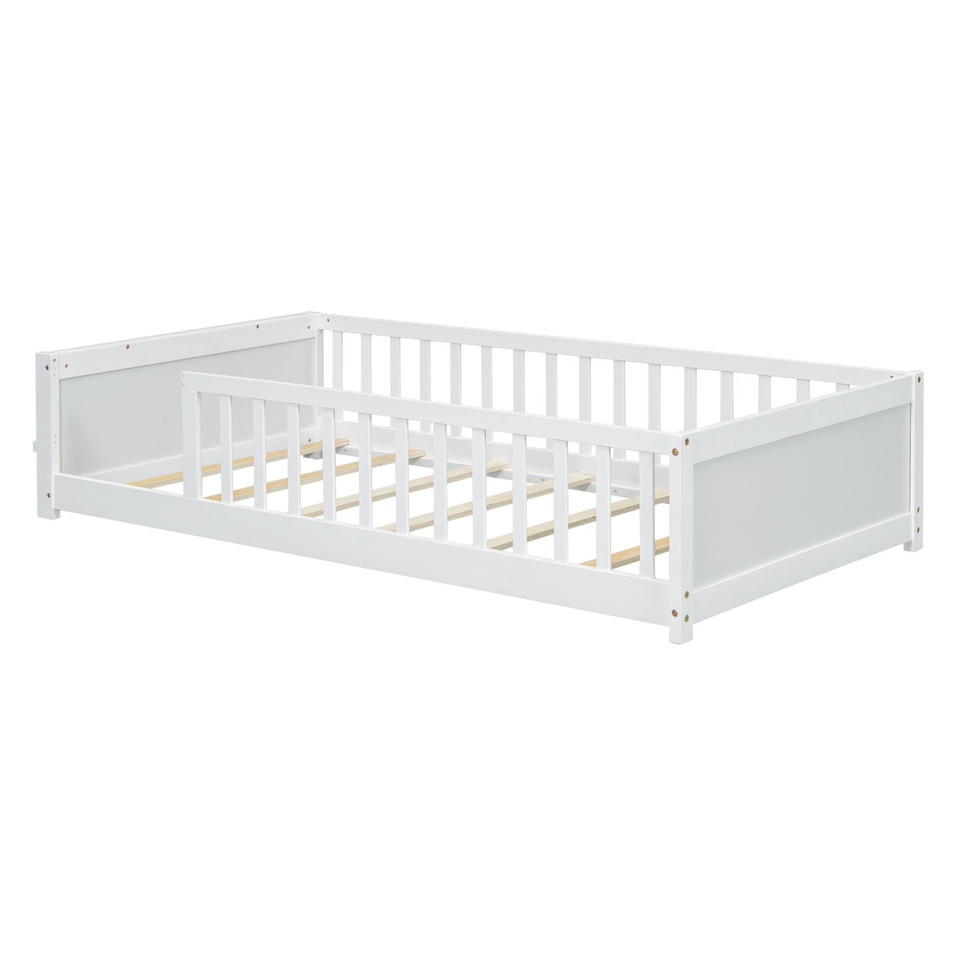 Twin Size Floor Platform Bed With Built In Book Storage Rack,White Twin White American Design Pine