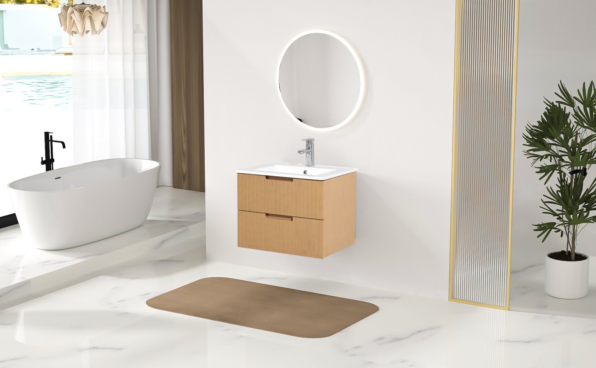 24 Inch Floating Bathroom Vanity With Ceramic Sink, Modern Bath Storage Cabinet Vanity With Drawers Wall Mounted Combo Set For Bathroom, Light Brown Light Brown Mdf