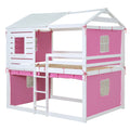 Full Size Bunk Wood House Bed With Tent, Pink White Full Pink White Solid Wood Mdf