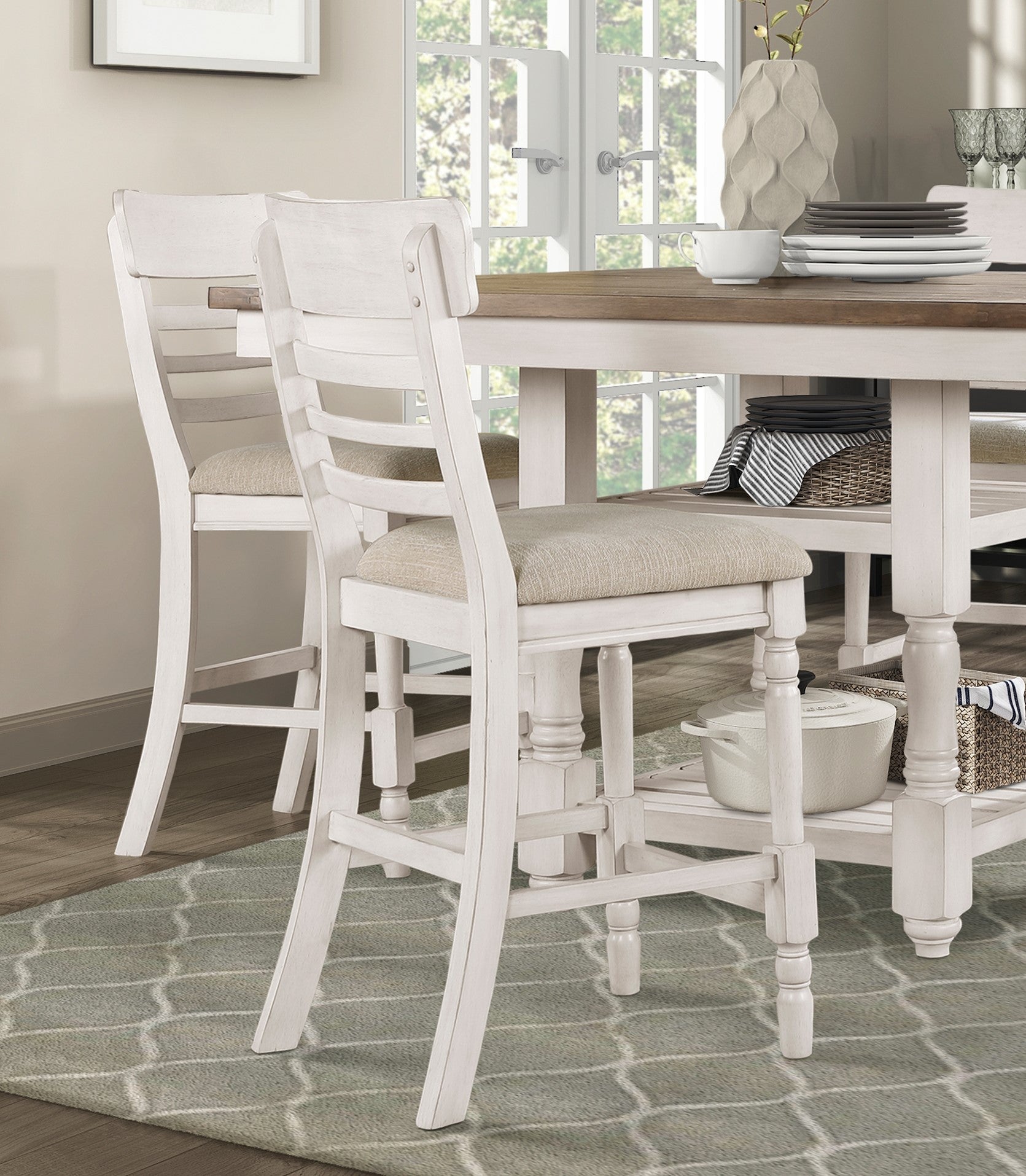 Antique White Finish Counter Height Set 5Pc Table With Bottom Storage And 4 Counter Height Chairs Farmhouse Style Dining Kitchen Set Wooden Furniture Wood Wood Antique White,Brown Seats 4 Wood Dining Room Farmhouse Square Wood
