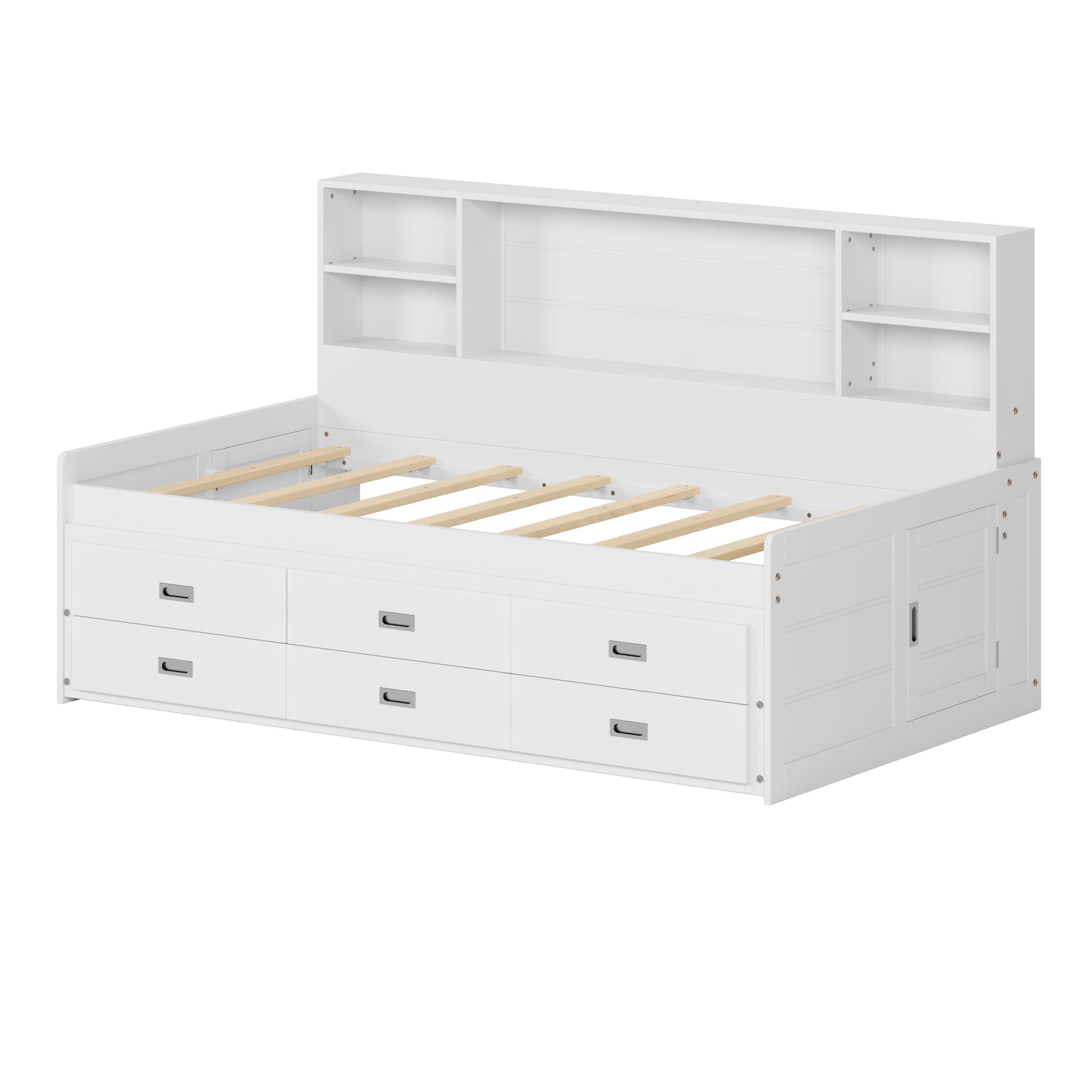 Twin Size Captain Daybed With Storage Bookcase Headboard,Captain Bed With Trundle And Three Storage Drawers For Kids Teens Dorm Bedroom Multipurpose Guest Room Or Home, White Box Spring Not Required