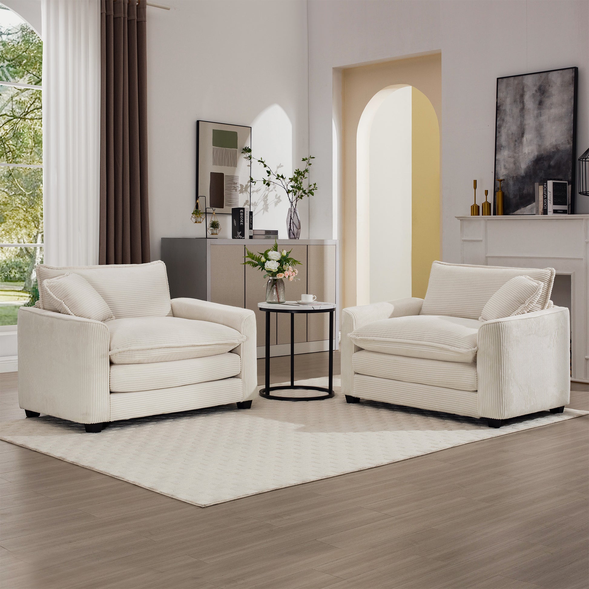 Luxurious And Sophisticated Deep Seated Sofa Set With Two Single Sofas In Light Beige Corduroy Fabric, Set Of 2 Accent Chair For Living Room Beige Corduroy 2 Seat