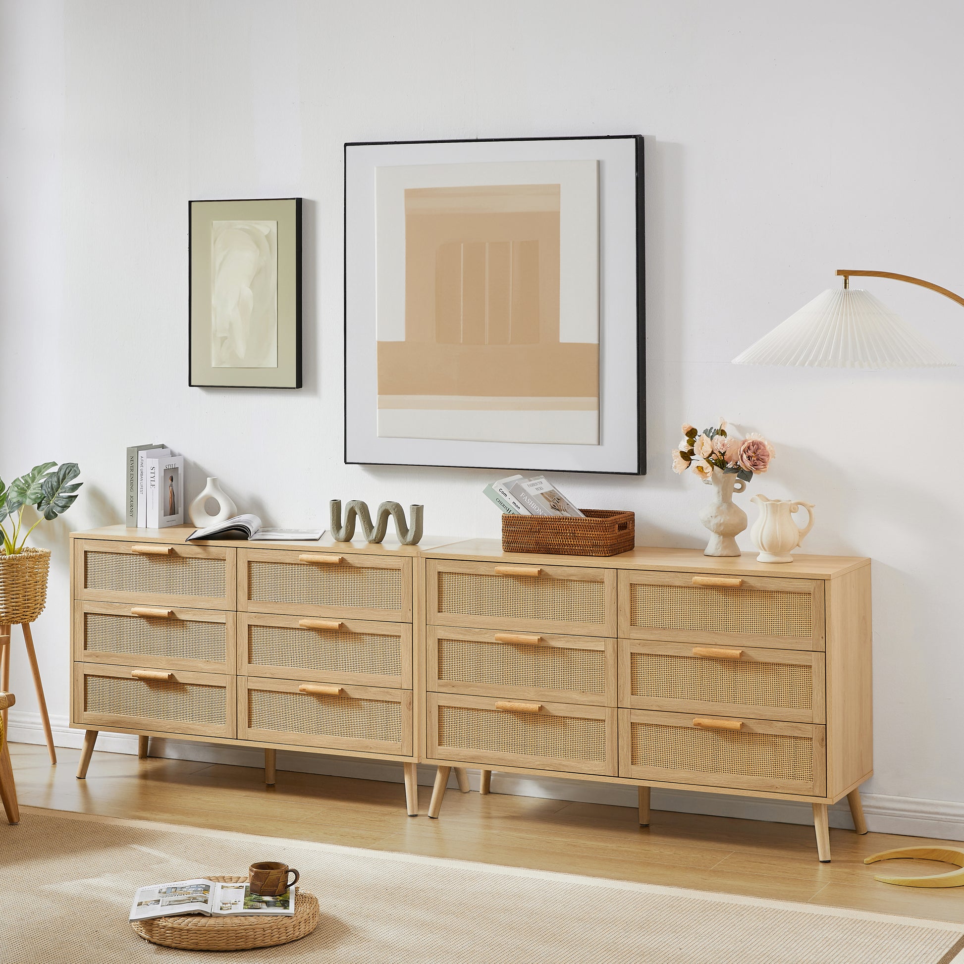 Bedroom Dresser, 6 Double Dresser With Rattan Drawers, Wood Chest Of Drawers For Kids Room, Living Room, Entry And Hallway, Natural, 47.2'' W X 15.8'' D X 30'' H. Natural Particle Board