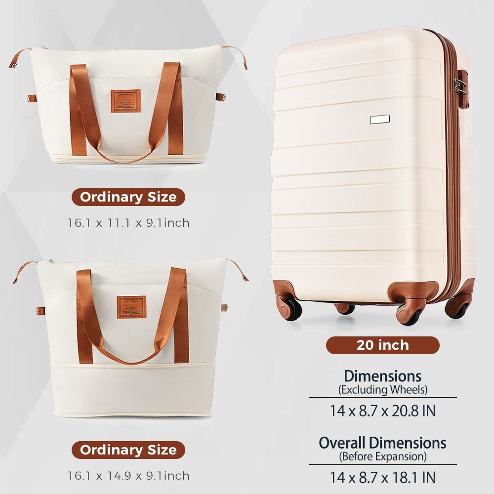 20 Inch Carry On Luggage With Expandable Travel Bag Set, Abs Hard Shell Two Piece Suitcase Set, Ivory And Brown Ivory Abs