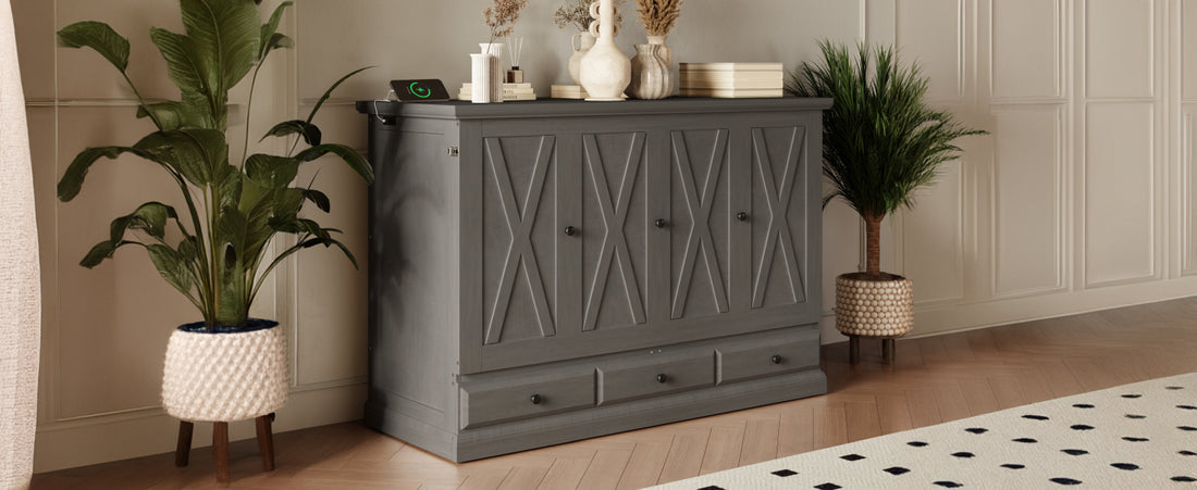 Solid Pine Murphy Bed Chest Cube Cabinet Bed With Charging Station And Large Storage Drawer For Home Office Or Small Room,Full,Gray Box Spring Not Required Full Gray Wood Gray Pine Murphy Solid Wood Mdf