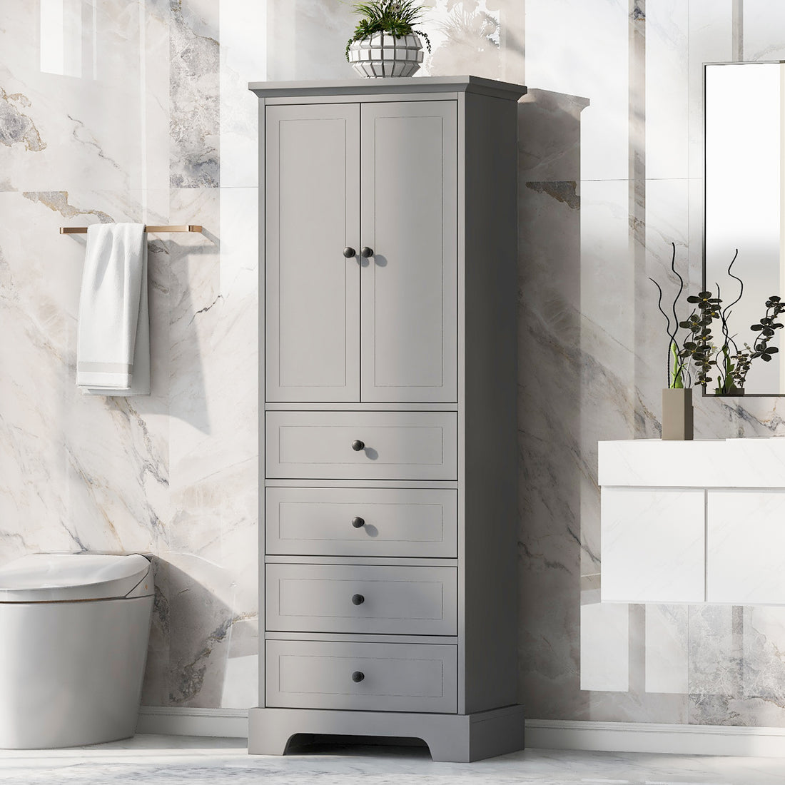 Storage Cabinet With 2 Doors And 4 Drawers For Bathroom, Office, Adjustable Shelf, Mdf Board With Painted Finish, Grey Grey Mdf