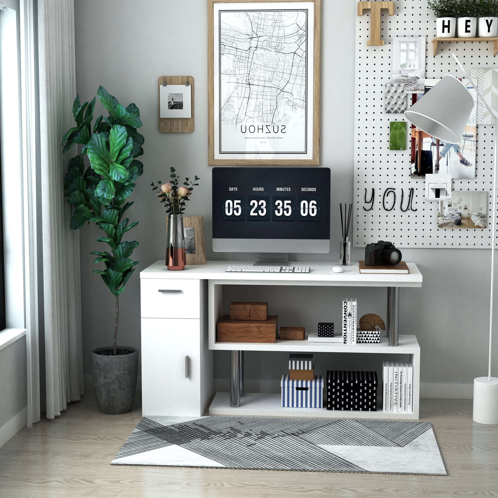 Homcom Rotating Computer Desk, 55" L Shaped Desk, Corner Desk With Storage Shelves, Cabinet And Drawer For Home Office, White White Mdf