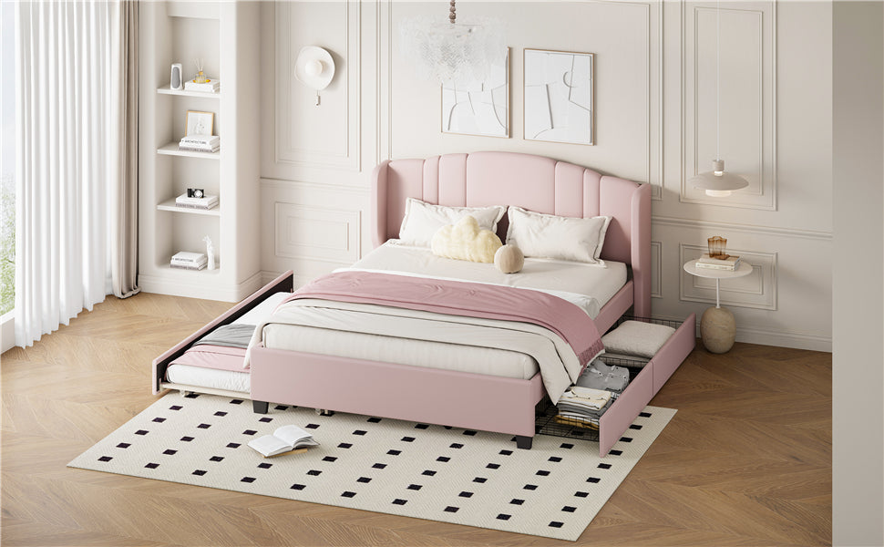 Upholstered Platform Bed With Wingback Headboard, One Twin Trundle And 2 Drawers, No Box Spring Needed, Linen Fabric, Queen Size, Pink Pink Linen