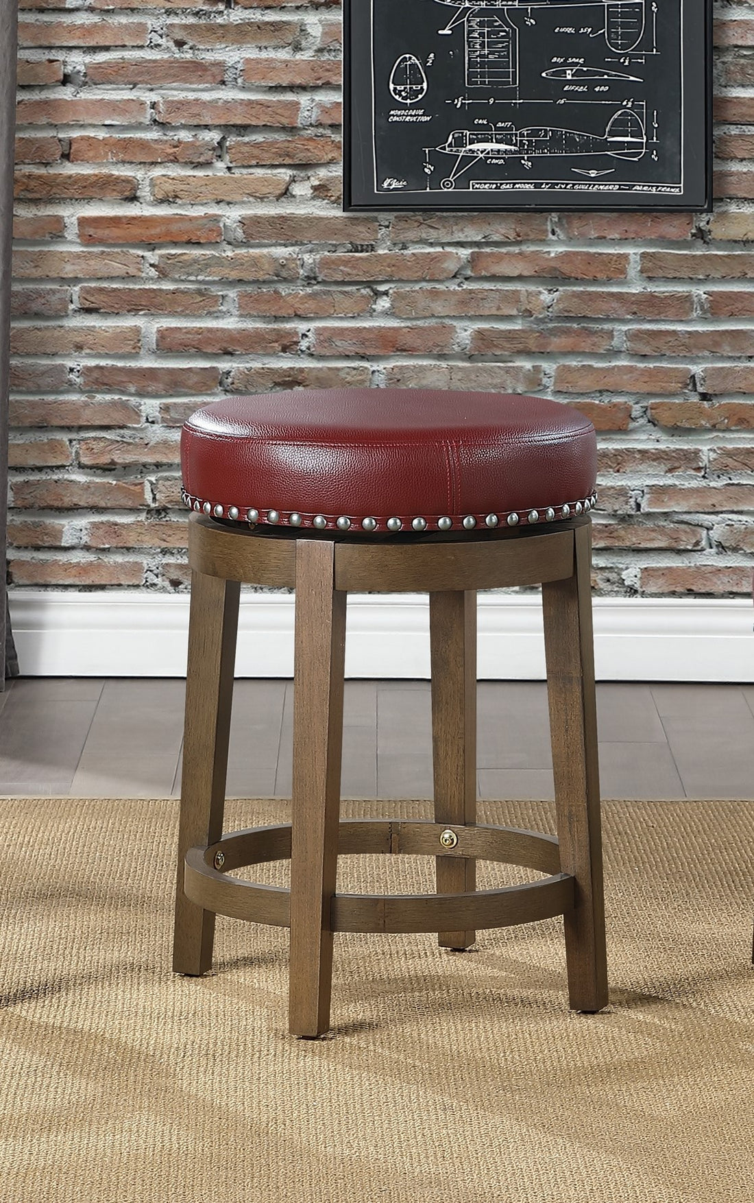 Round Swivel Counter Height Stools Set Of 2, Red Faux Leather 360 Degree Swivel Seat Trim Solid Wood Frame Brown Finish Furniture Red Brown Dining Room Round Solid Wood