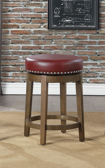 Round Swivel Counter Height Stools Set Of 2, Red Faux Leather 360 Degree Swivel Seat Trim Solid Wood Frame Brown Finish Furniture Red Brown Dining Room Round Solid Wood