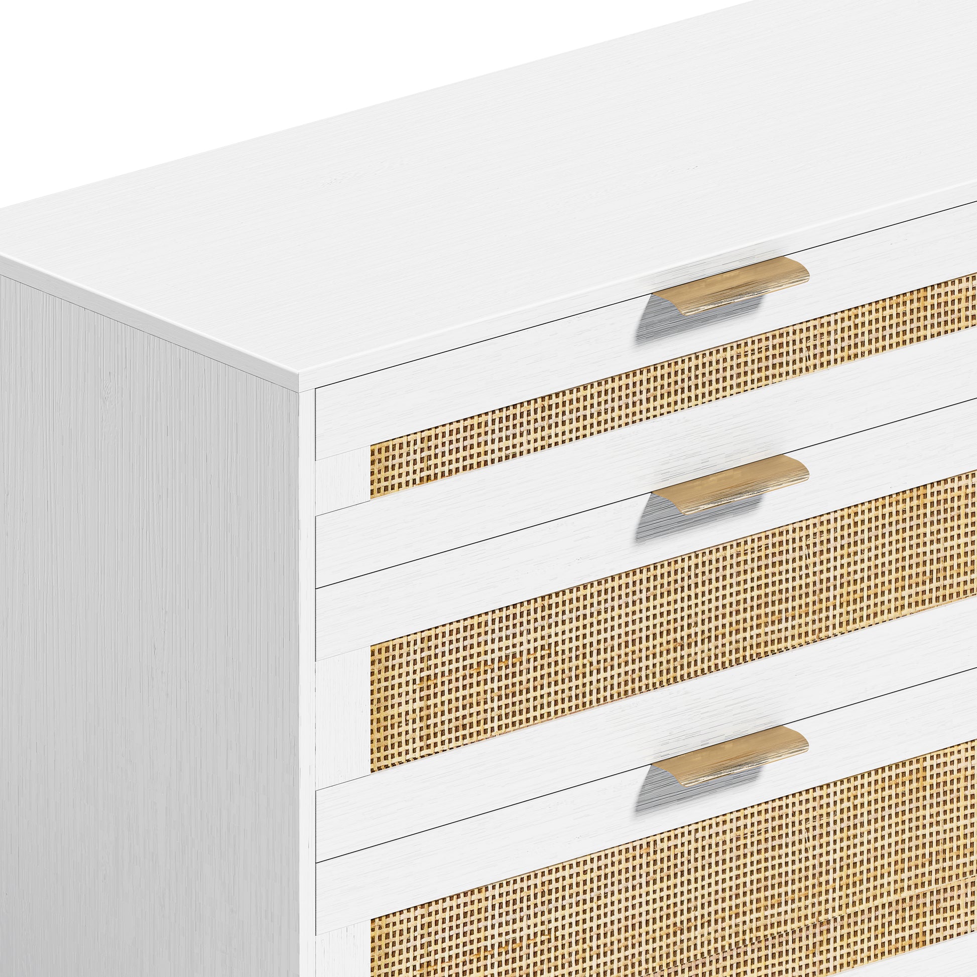 59" Rattan Dresser With Drawers, 6 Drawer Dresser For Bedroom, Clothes Storage Cabinet For Bedroom, Metal Handle&Wood Legs For Hallway, Living Room, Bedroom,White White Mdf Metal